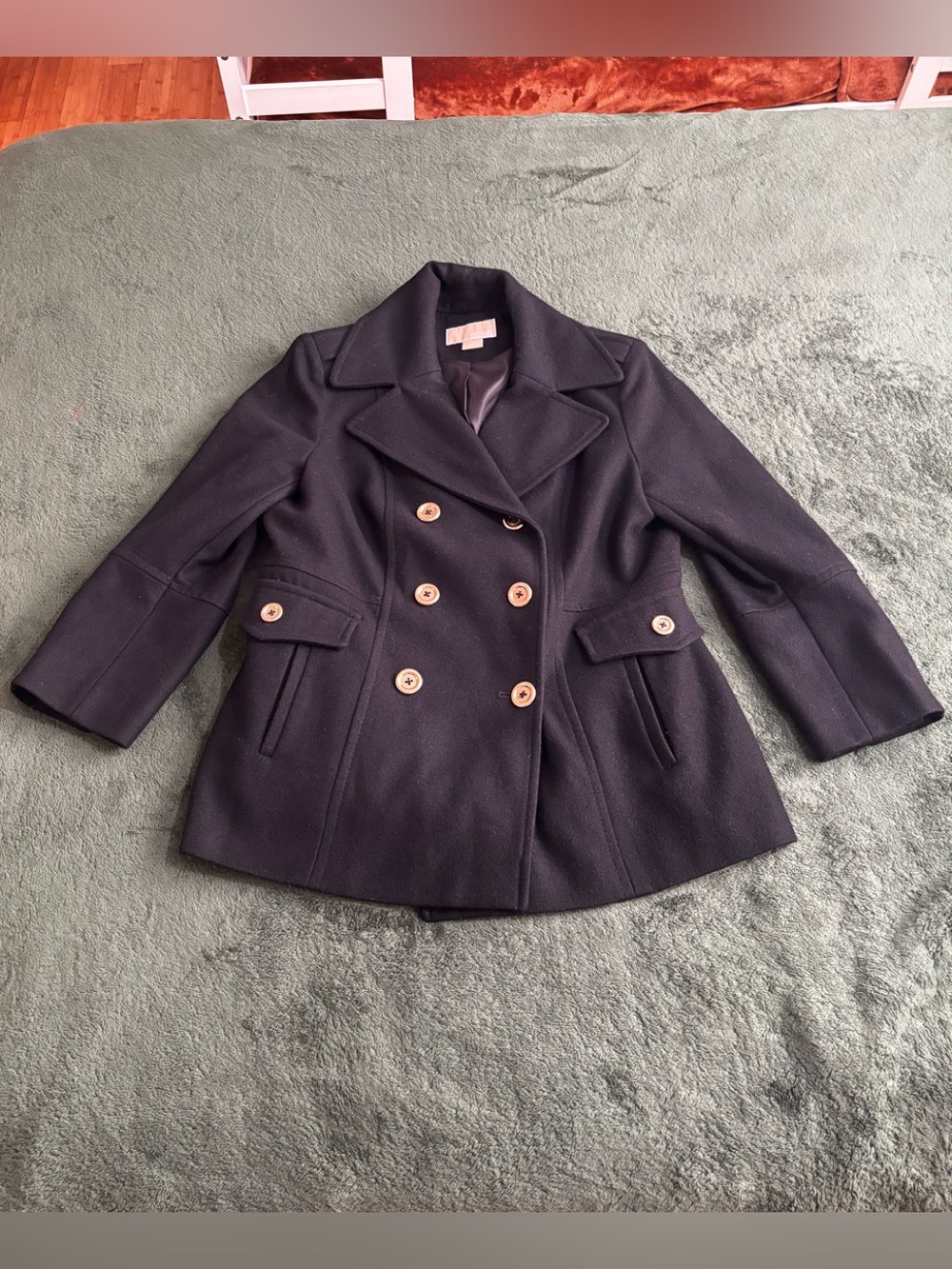 Michael Kors Navy Wool Pea Coat Gold Buttons Size XL PEACOAT